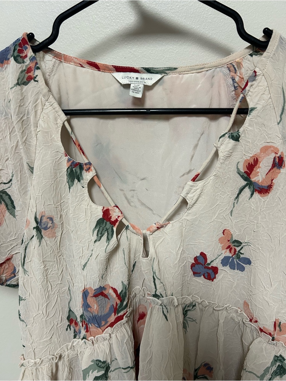 Lucky Brand Floral Peplum Blouse Small Cream Flutter Sleeve Lined Cottagecore - Picture 5 of 8
